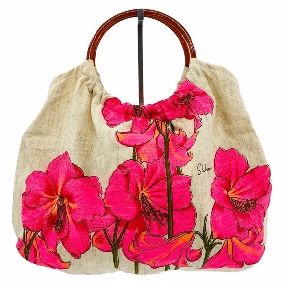 ALFRED SHAHEEN Rare Vintage 60s Hawaiian Linen Handbag Celluloid Handle Tropical - Picture 1 of 8